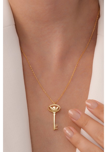 925 Ayar Gümüş 18K Altın Kaplama “Angel Key” Şans Anahtarı El Yapımı Kolye