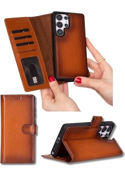 Buğz Samsung Galaxy S25 Ultra Uyumlu, Hakiki Deri, El Yapımı, Cüzdanlı Kılıf, Gölgeli Taba indirimleri
