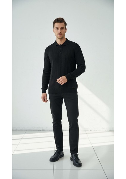 Erkek Fitilli Ince Triko Polo Yaka Uzun Kollu Kaza