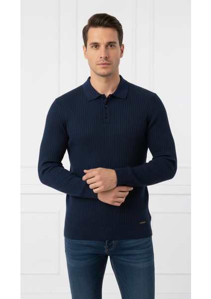 Erkek Fitilli Ince Triko Polo Yaka Uzun Kollu Kazak