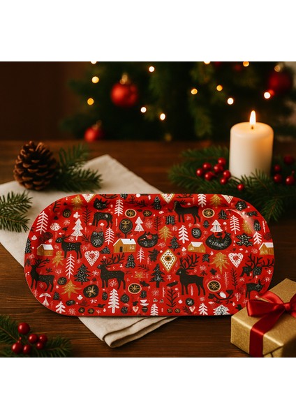 Metal -Kırmızı Geyikli Yılbaşı Sunum Tepsisi 35 x 15CM Tepsi modelleri