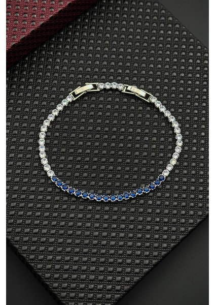 Lacivert-Beyaz Zirkon Taşlı Gümüş Renk Tennis Erkek Bileklik FRJ12675-3675-L2A