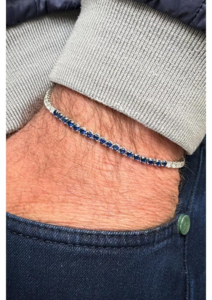 Lacivert-Beyaz Zirkon Taşlı Gümüş Renk Tennis Erkek Bileklik FRJ12675-3675-L2A fiyatları