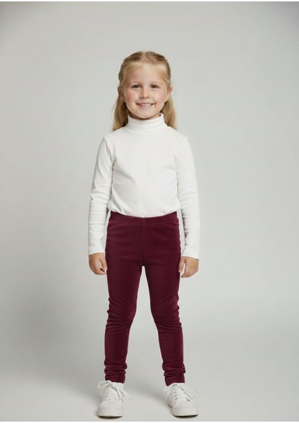 Kız Çocuk Fitilli Kadife Tayt - Bordo Rahat Kışlık Esnek Leggings