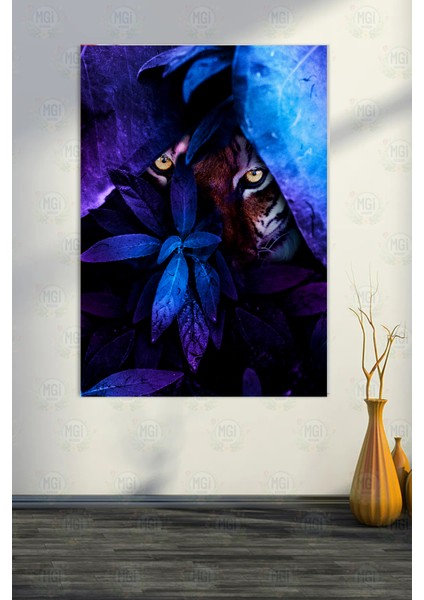 Neon Tropikal Kaplan Kanvas Tablo Mavi Turuncu Vahşi Orman Hayvan Figürü Duvar Dekoru