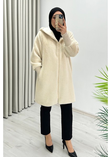 Noshe Premium Kalite Astarlı ve Kapüşonlu Angora Kaban