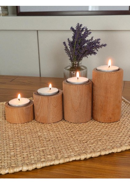 Ahşap Doğal Dekoratif Mumluk 4'lü Silindir Takım
