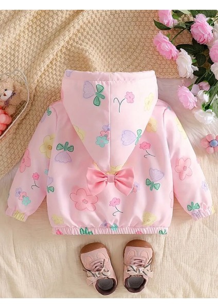 Pembe Çiçek Desenli, Kapüşonlu Ince Kız Çocuk Montu. Peluş Dokulu Iç Kısmı Yumuşaklık Sağlar, Hafif Yapısıyla Bahar ve Serin Havalar Için Ideal. fiyatları