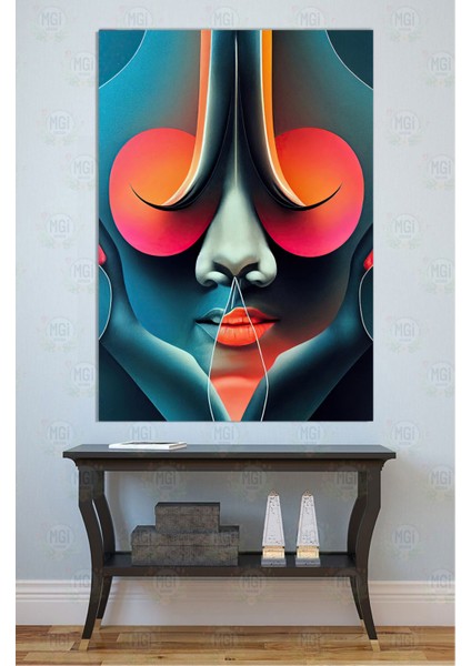 Neon Renkli Soyut Yüz Kanvas Tablo Mavi Turuncu Modern Sanat Duvar Dekoru