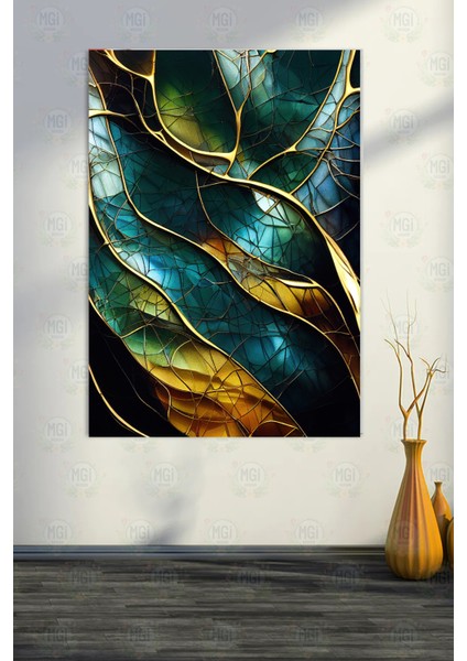 Modern Soyut Altın Damarlı Yeşil Mermer Desen Kanvas Tablo Lüks Salon Dekor