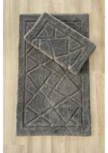 %100 Pamuk Tafting Su Emici Yumuşak Dokulu Banyo Paspas Seti, Banyo Halısı 2 Li Set 60X100 - 50X60