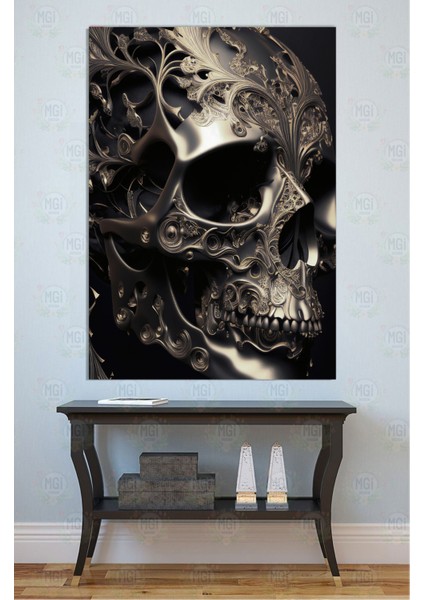Modern Gotik Işlemeli Metalik Kurukafa Kanvas Tablo Soyut Duvar Dekoru