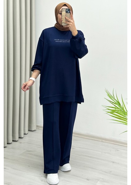 Ekrutex Yazı Baskı Detaylı Rahat Kalıp Kadın Ikili Tesettür Takım