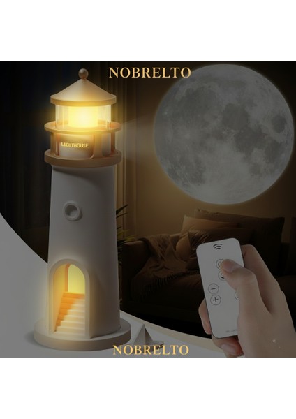 Nobrelto Uzaktan Kumandalı Deniz Feneri Gece Lambası - Duvara Ay Yansıtan Projektörlü Dekoratif Masa Lambası