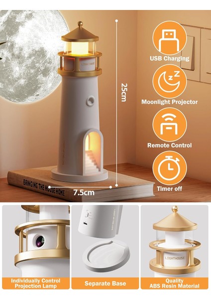 Nobrelto Uzaktan Kumandalı Deniz Feneri Gece Lambası - Duvara Ay Yansıtan Projektörlü Dekoratif Masa Lambası fiyatları