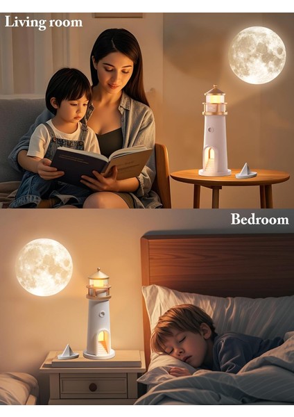 Nobrelto Uzaktan Kumandalı Deniz Feneri Gece Lambası - Duvara Ay Yansıtan Projektörlü Dekoratif Masa Lambası modelleri