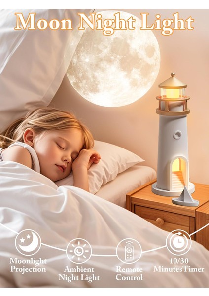 Nobrelto Uzaktan Kumandalı Deniz Feneri Gece Lambası - Duvara Ay Yansıtan Projektörlü Dekoratif Masa Lambası fırsatları