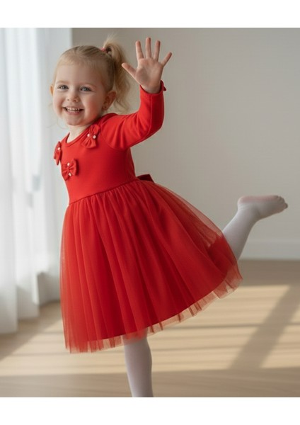 Kız Çocuk Elbise, Kırmızı, Tül Etekli, Fiyonk ve Taş Detaylı
