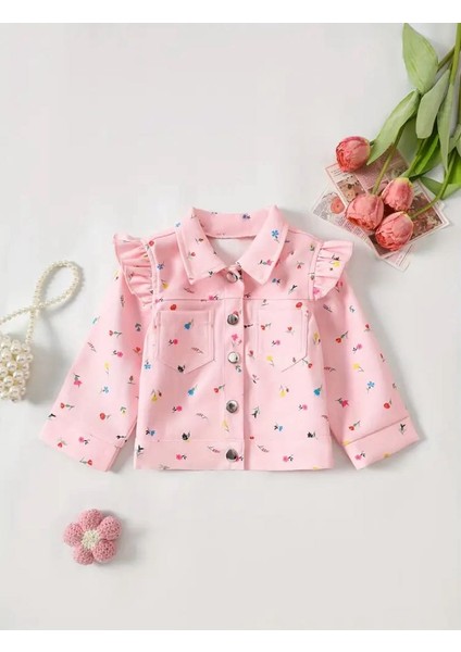Pembe Çiçek Desenli, Fırfır Detaylı, Düğmeli ve Astarsız Ince Kız Çocuk Ceketi, Baharlık Model.