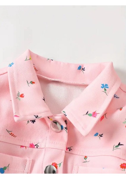 Pembe Çiçek Desenli, Fırfır Detaylı, Düğmeli ve Astarsız Ince Kız Çocuk Ceketi, Baharlık Model. modelleri