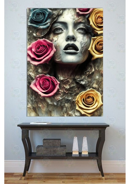 Rüya Gibi Çiçekli Kadın Portresi Kanvas Tablo Gül Detaylı Pembe Mavi Sanatsal Duvar Dekoru