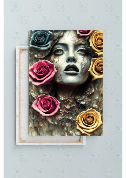 Rüya Gibi Çiçekli Kadın Portresi Kanvas Tablo Gül Detaylı Pembe Mavi Sanatsal Duvar Dekoru fiyatları