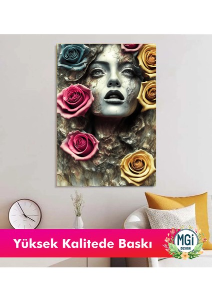 Rüya Gibi Çiçekli Kadın Portresi Kanvas Tablo Gül Detaylı Pembe Mavi Sanatsal Duvar Dekoru modelleri