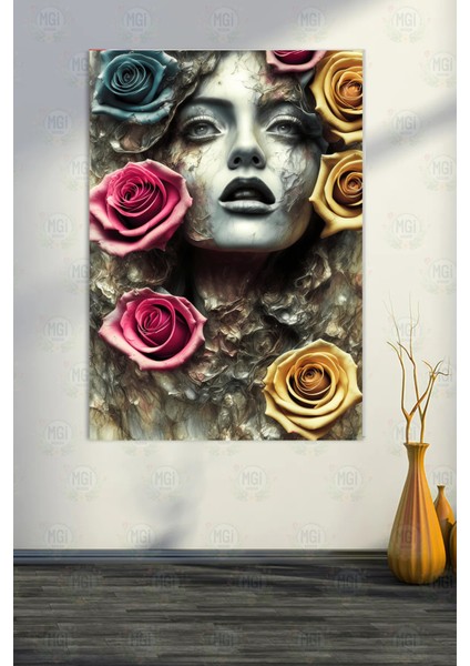 Rüya Gibi Çiçekli Kadın Portresi Kanvas Tablo Gül Detaylı Pembe Mavi Sanatsal Duvar Dekoru fırsatları