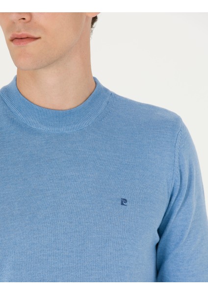 Erkek Mavi Melanj Slim Fit Çeyrek Yaka Basic Triko Kazak 50276534-VR113