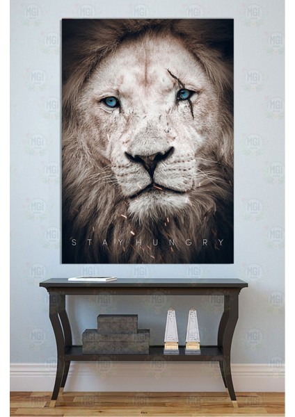 Beyaz Aslan Gözleri Mavi Kanvas Tablo "stay Hungry" Motivasyonel Ofis Duvar Dekoru