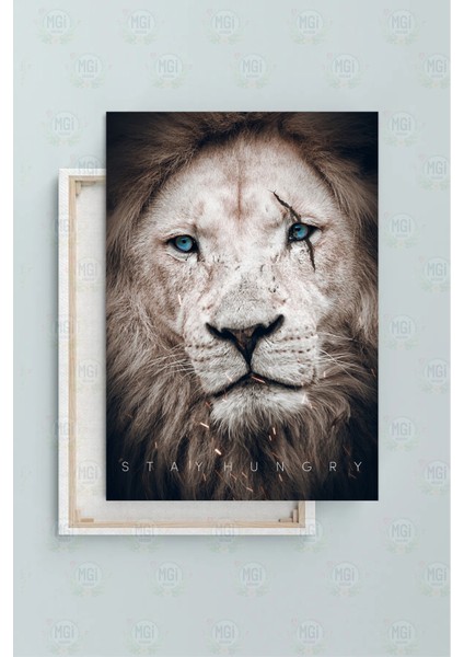 Beyaz Aslan Gözleri Mavi Kanvas Tablo "stay Hungry" Motivasyonel Ofis Duvar Dekoru fiyatları