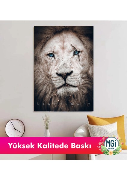 Beyaz Aslan Gözleri Mavi Kanvas Tablo "stay Hungry" Motivasyonel Ofis Duvar Dekoru modelleri