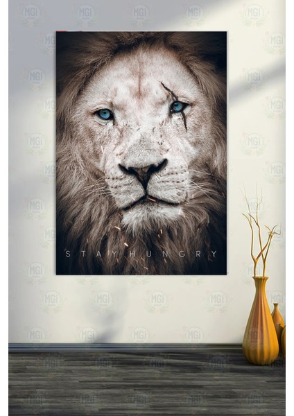 Beyaz Aslan Gözleri Mavi Kanvas Tablo "stay Hungry" Motivasyonel Ofis Duvar Dekoru fırsatları