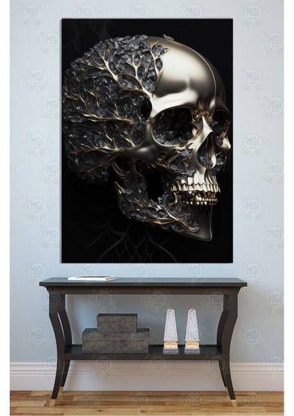 Lüks Gotik Altın ve Ağaç Motifli Kurukafa Kanvas Tablo Erkek Odası Salon