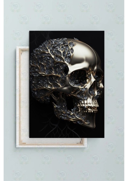 Lüks Gotik Altın ve Ağaç Motifli Kurukafa Kanvas Tablo Erkek Odası Salon fiyatları