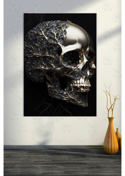 Lüks Gotik Altın ve Ağaç Motifli Kurukafa Kanvas Tablo Erkek Odası Salon fırsatları