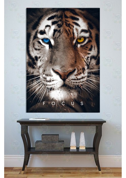 Focus Çift Göz Kaplan Kanvas Tablo Mavi Sarı Heterokromi Yırtıcı Hayvan Dekoru