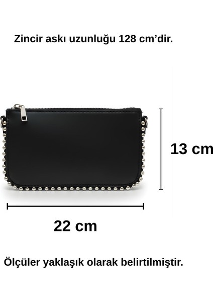 Gümüş Zımba Detaylı Zincirli Siyah Omuz Çantası