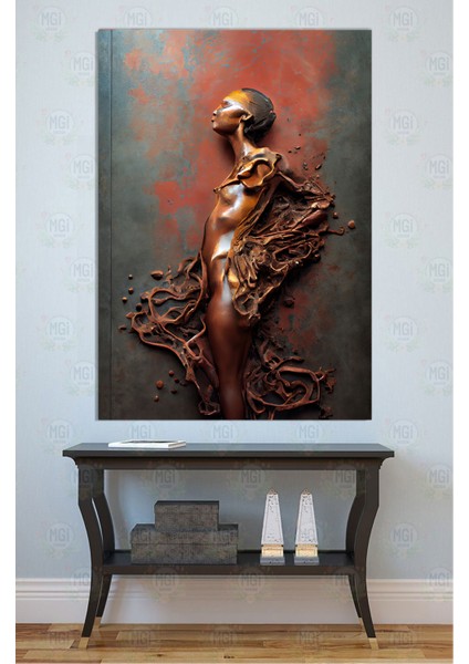 Duygusal Soyut Kadın Heykeli Kanvas Tablo Bakır Pas Tonları Sanatsal Duvar Dekoru