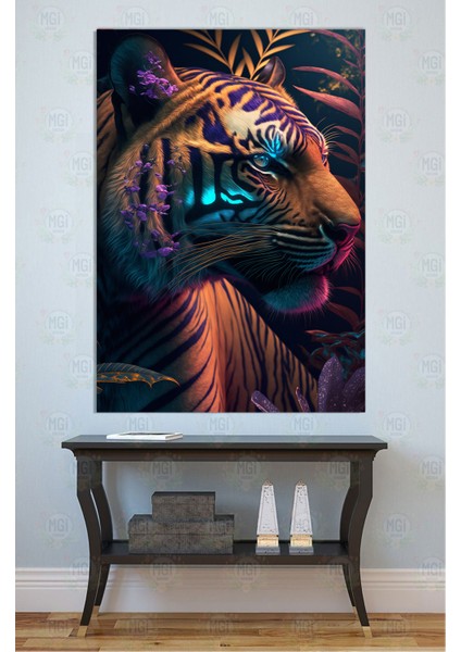 Neon Işık Modern Kaplan Portresi Kanvas Tablo Karanlık Dekor Salon