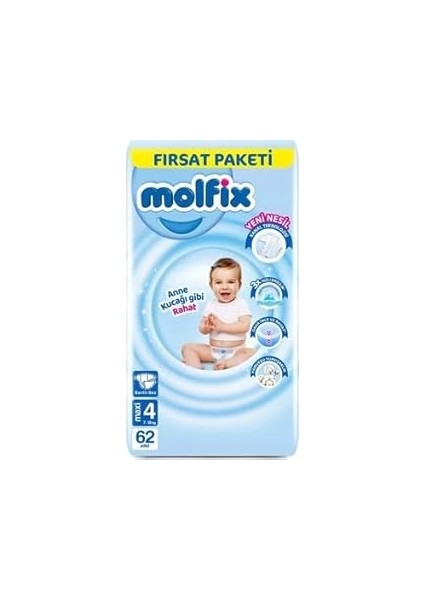 Molfix 3D Bebek Bezi Maxi 4 Beden, Fırsat Paketi 60 Adet