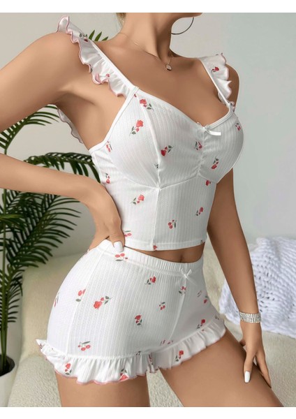 Kadın Gül ve Kiraz Desenli Şortlu Gecelik Takım 5112
