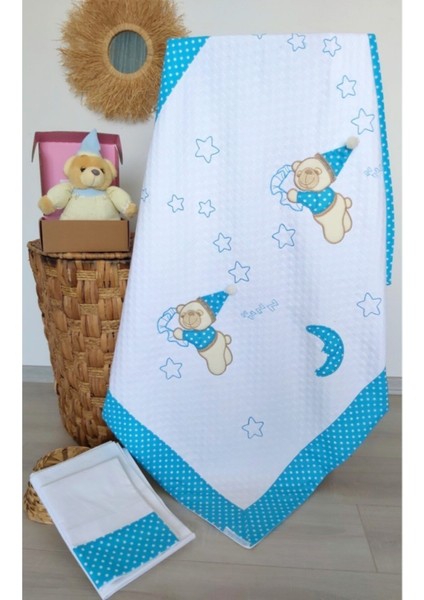 Mavi Büyük Puanlı Uyuyan Ayı Desenli Kalın Biyeli Bebek Pike Takımı