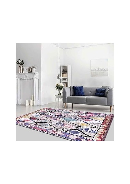 Dizayn Cora Desenli Pamuk Tabanlı Yıkanabilen Kaydırmaz Salon Halısı 160X230