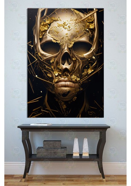 Lüks Gotik Sanat Altın Parçalı Kurukafa Kanvas Tablo Erkek Odası Salon Dekorasyonu