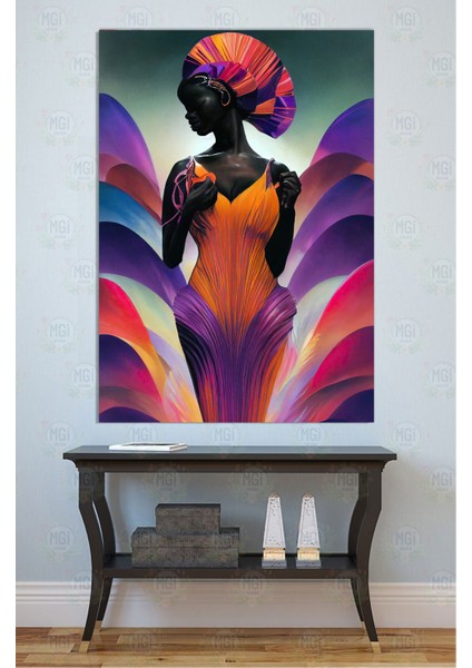 Afrikalı Kadın Sanat Eseri Kanvas Tablo Mor Turuncu Etnik Desenli Duvar Dekoru