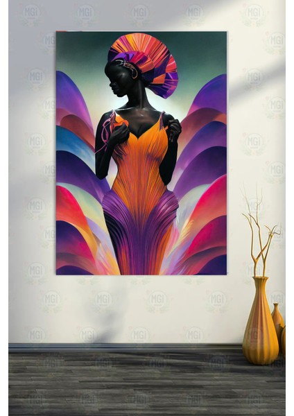 Afrikalı Kadın Sanat Eseri Kanvas Tablo Mor Turuncu Etnik Desenli Duvar Dekoru fırsatları
