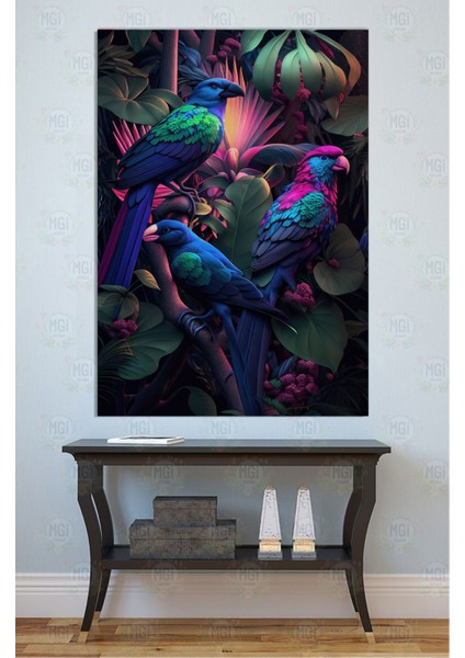 Canlı Renkli Tropikal Kuşlar Kanvas Tablo Pembe Mavi Yeşil Papağan Dekor Salon Ofis Duvarı