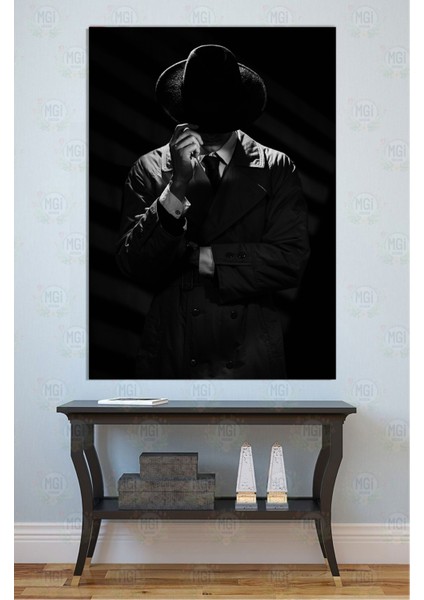 Siyah Beyaz Şapkalı Adam Kanvas Tablo Dedektif Noir Stili Duvar Dekoru