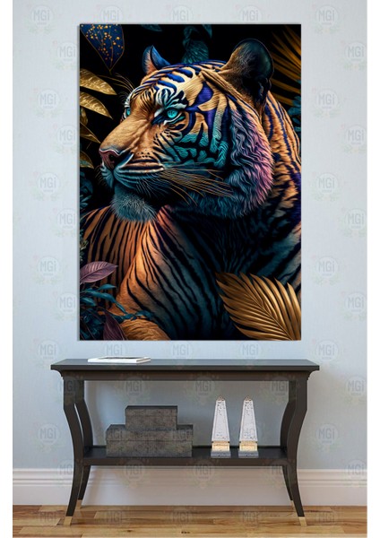 Neon Orman Kaplan Gözleri Kanvas Tablo Mor Mavi Yapraklar Hayvan Figürlü Oturma Odası Duvar Sanatı